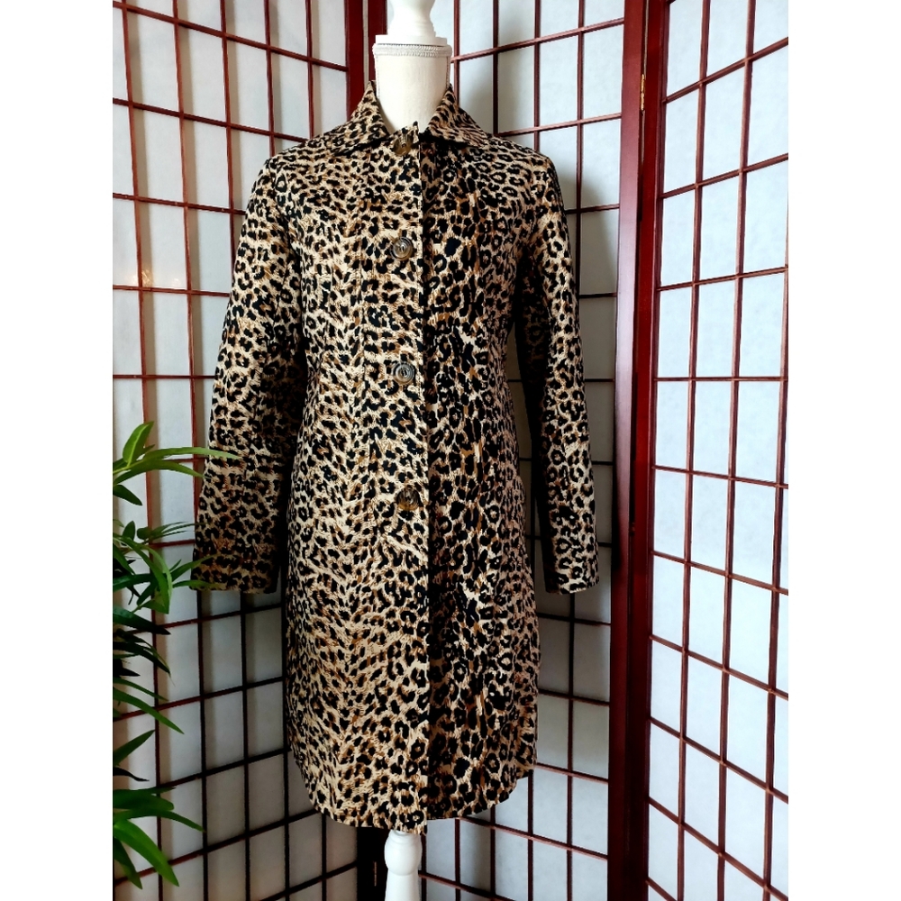 Leopard Print 4-Button Front Collared Trench Coat… - image 1